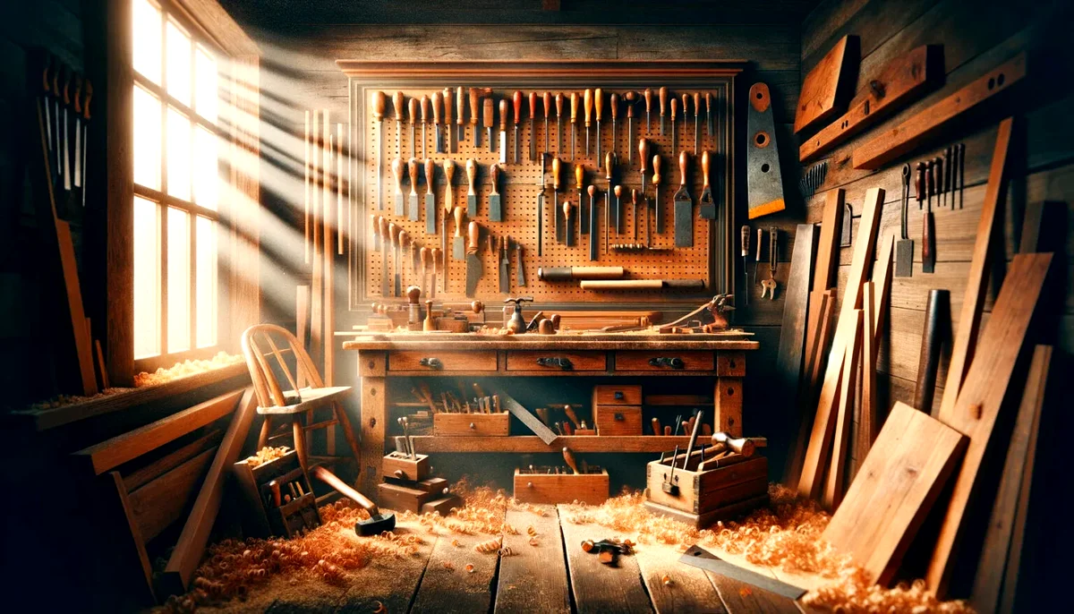 The workshop — hand tools on the wall, shavings on the floor